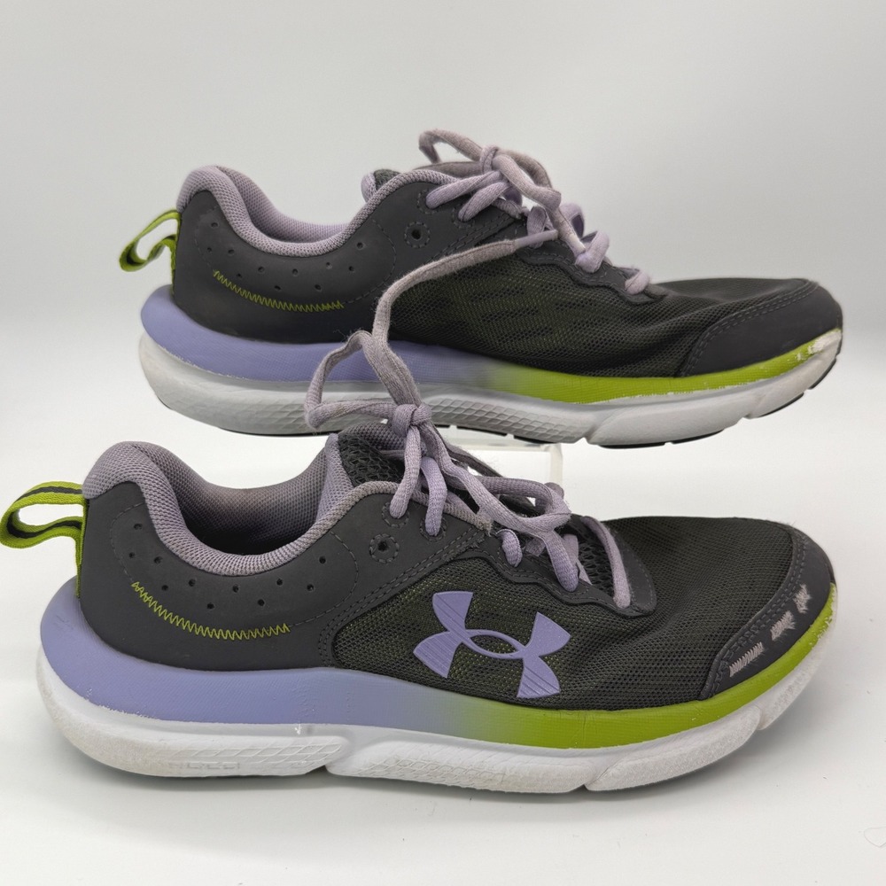 Under Armour Charged Running Shoes Kids 5Y Grey Purple Green Athletic Sneakers